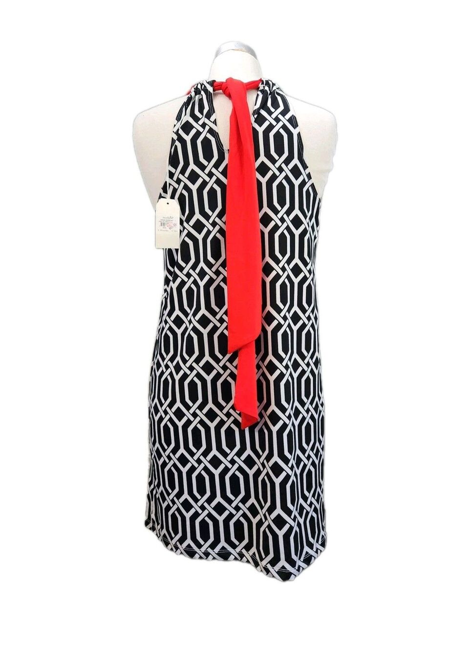 Mud Pie Ribbon Dress Womens S Black/Red Geo Link Print Tie Neck NWT Mini
